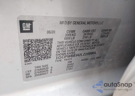 2020 Chevrolet Silverado 1500 2Wd Short Bed Custom z USA, uszkodzony, nr VIN 1GCPWBEH2LZ299904